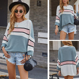 Women Pullover Knit Sweater Women's Autumn and Winter Loose plus Size Color Matching Roll-up Sleeve Sweater