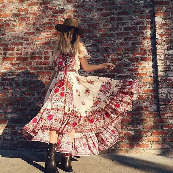 Gypsy Style Dresses Bohemian Beach Sexy off-Shoulder Vintage Print Lace-up