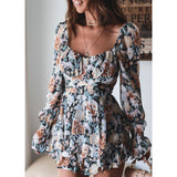 Coachella Music Festival Outfits Floral Women's Sexy Backless Square Collar Long Sleeve Shorts
