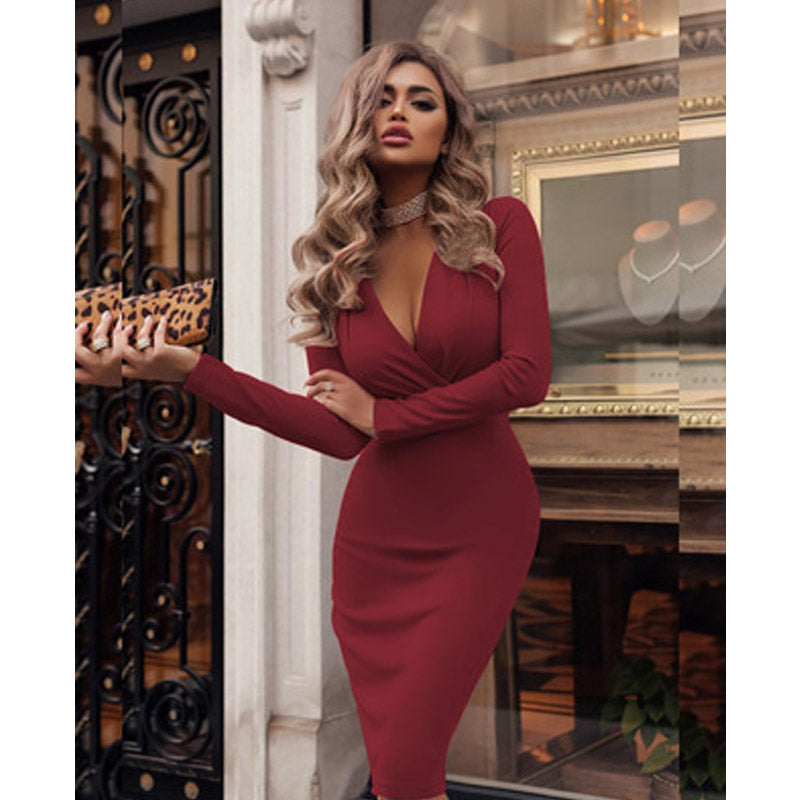 Long Sleeve Burgundy Dress Formal Women's Dress Autumn and Winter Dress Long Sleeve Solid Color Dress