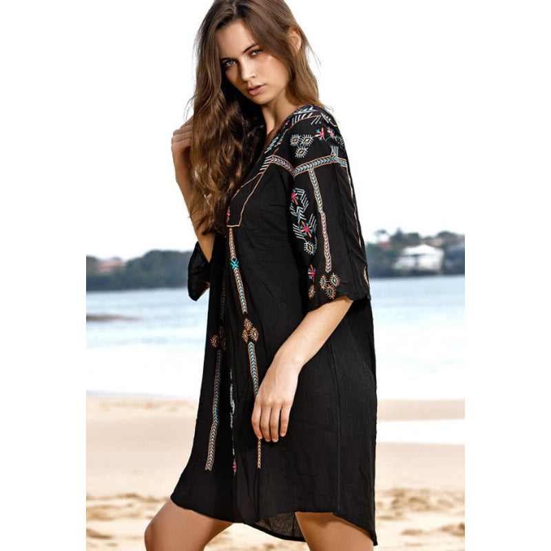 Beth Dutton Bohemian Dress Summer Spring Midi Dress Summer Cross-Body Embroidered V-neck High Waist Short Sleeve Dress