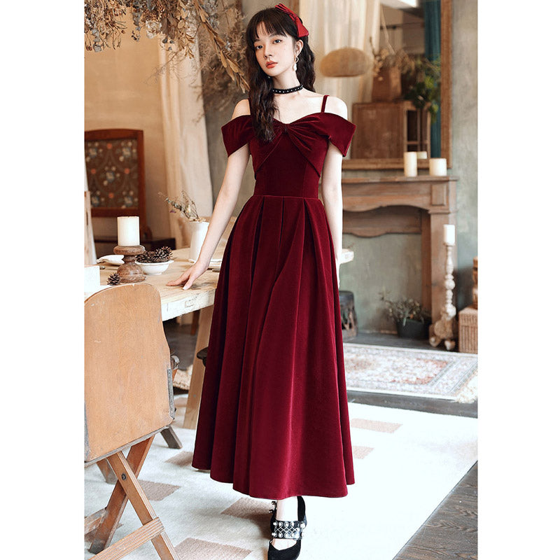 Burgundy Dress Formal Sling Velvet Engagement Dress Women
