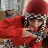 Red Beanie Hat Chessboard Plaid Flight Helmet Women's Winter Ear Scarf Knitted Hat