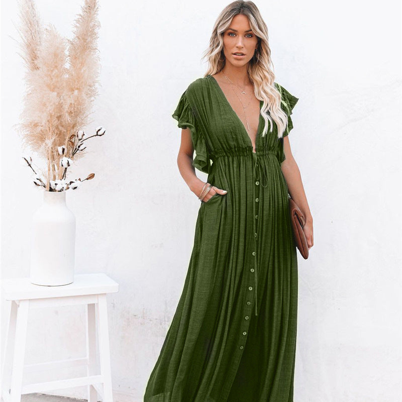 Emerald Green Dress V-neck Lotus Leaf Sleeve Length Breasted Swing