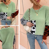 Women Pullover Knit Sweater Women's Clothing Autumn and Winter Contrast Color Leopard-Print Sweater Women