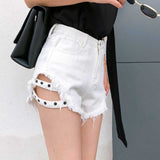 Women Jean Shorts Side with Spikes Denim Shorts Loose Hole High Waist Jeans