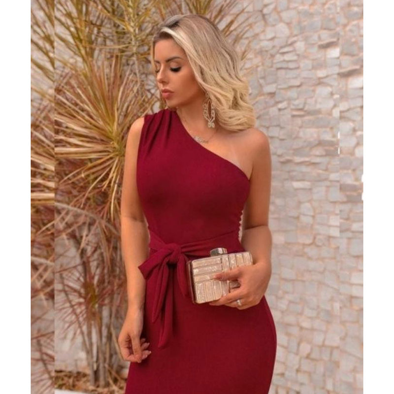 Burgundy Evening Dresses for Weddings Women's Sleeveless One-Shoulder Dress Slim Fit Long Dress