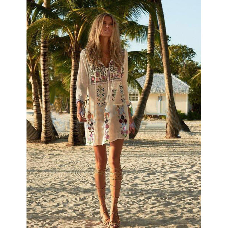 Beth Dutton Bohemian Dress Summer Spring Midi Dress Ethnic Style Loose Floral Embroidery
