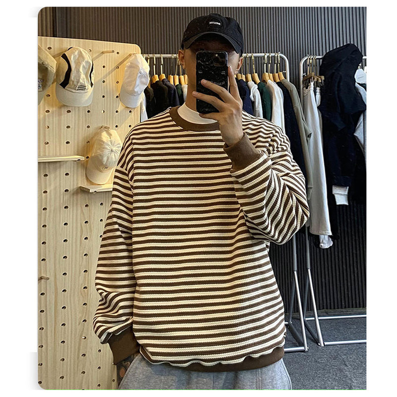 Men Sweatshirts Striped round Neck Sweater Versatile Simple