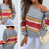 Women's Pullover Knit Sweater Autumn and Winter Clothing Women's Contrast Color Rainbow Striped Sweater