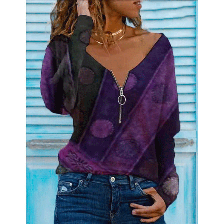 Romanian Gypsy Outfits Long-Sleeve Zipper T-shirt Women's Bottoming Shirt