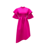 Taffeta Dress Ruffle Sleeve Solid Color Double Layer Dress Gown