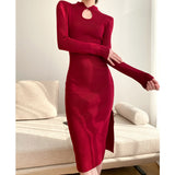 Long Sleeve Burgundy Dress Formal Dress Split Sheath Overknee Skirt