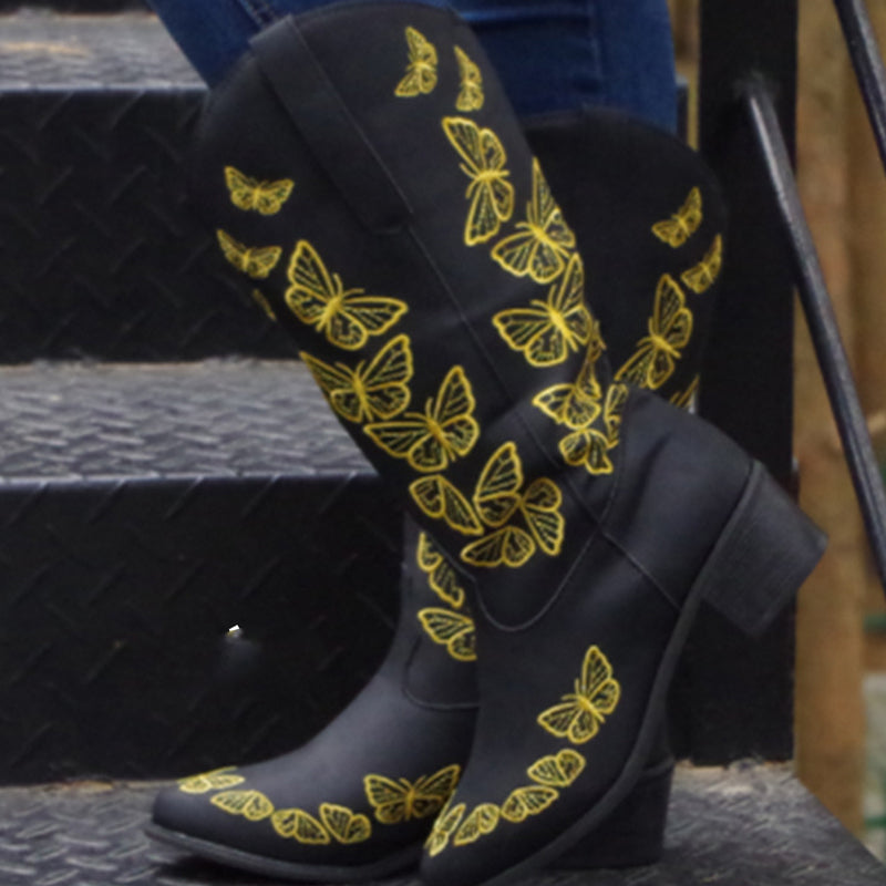 Beth Dutton Shoes West Embroidered Denim Butterfly Middle Boots