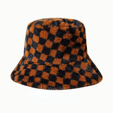 Vintage Check Bucket Hat Plush Warm Hat Imitation Rabbit Fur