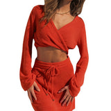 Coachella Music Festival Outfits Women's Fashion Long Sleeve V-neck Sexy Short Skirt Autumn