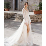 See through Wedding Dress Women's Long Sleeve Dress Long Dress Sexy, Deep V-neck and Backless Formal Dress
