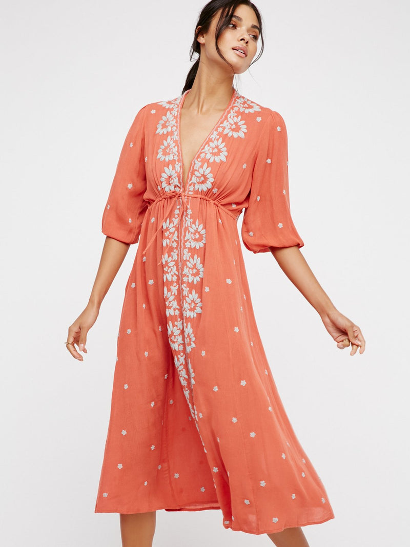Beth Dutton Bohemian Dress Summer Spring Midi Dress Slim Embroidered Dress