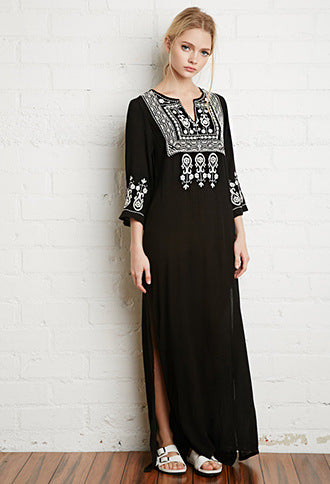 Beth Dutton Bohemian Dress Winter Autumn Maxi Dresses Embroidered Slit Black Dress