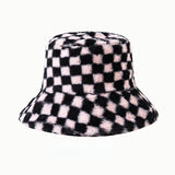Vintage Check Bucket Hat Plush Warm Hat Imitation Rabbit Fur