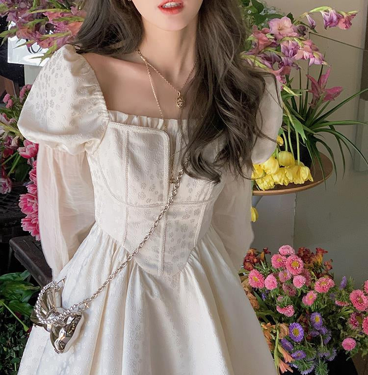 Regency Dress Square Collar Jacquard Dress Mesh Stitching