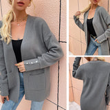 Women's Cardigan Knit Sweater Autumn and Winter Women's Solid Color Casual Mid-Length Knitted Cardigan