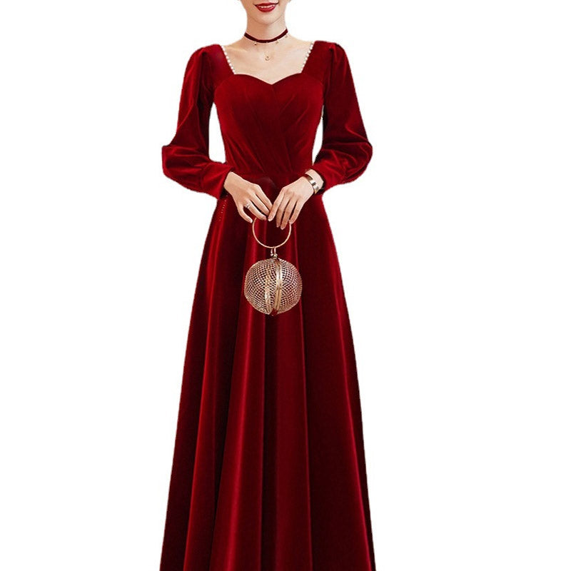 Long Sleeve Burgundy Dress Formal Autumn and Winter Square Collar Long Sleeve Formal Dress