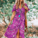 Gypsy Style Dresses V-neck Printed Large Size Beach Slit Elastic