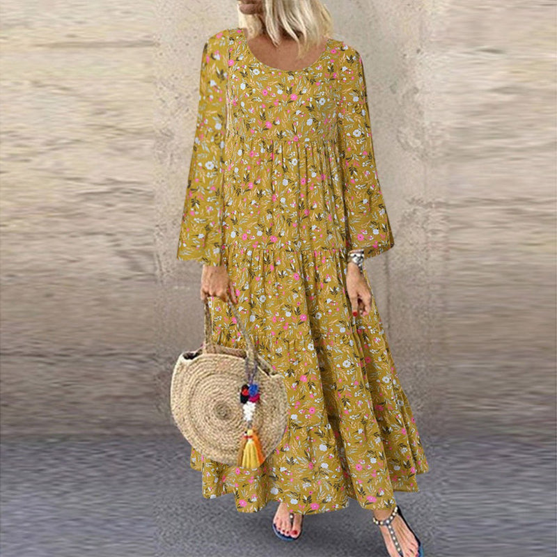 Gypsy Style Dresses Blue Small Floral Print Long Sleeve round Neck Loose