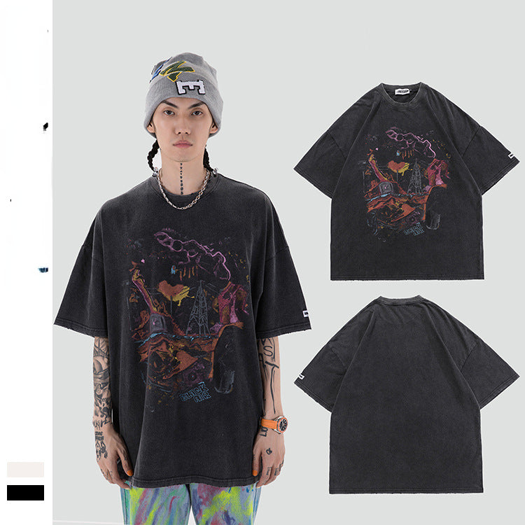 Y2g Shirts for Boys Spring/Summer Washed and Worn Printed Short Sleeve Retro T-shirt for Men