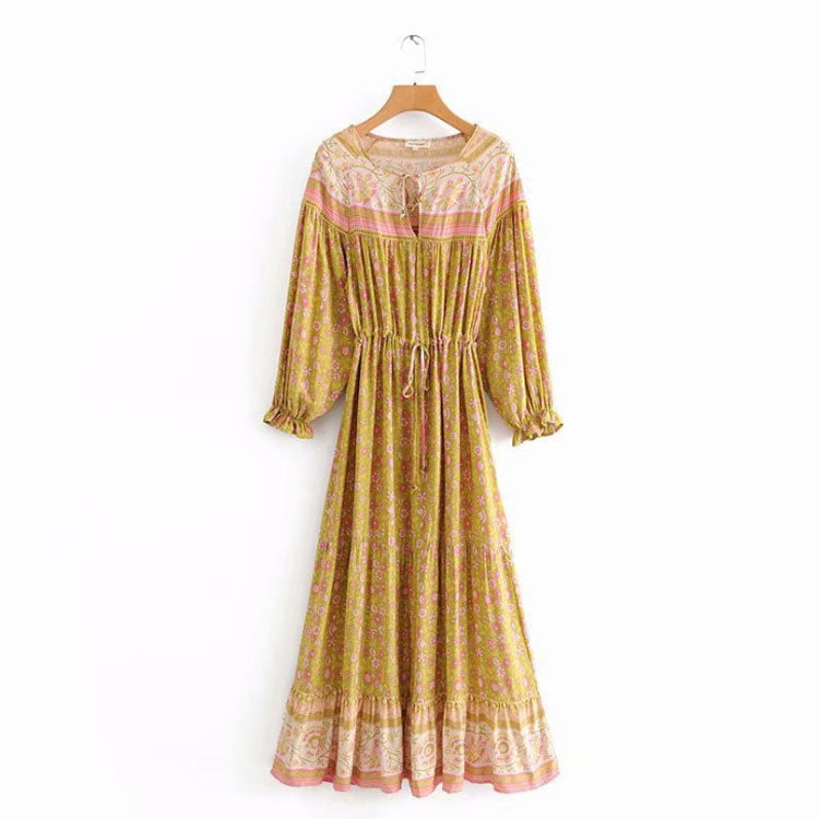 Coachella Music Festival Outfits Bohemian Printed Dress Long Sleeve Large Swing Skirt Elastic Waist
