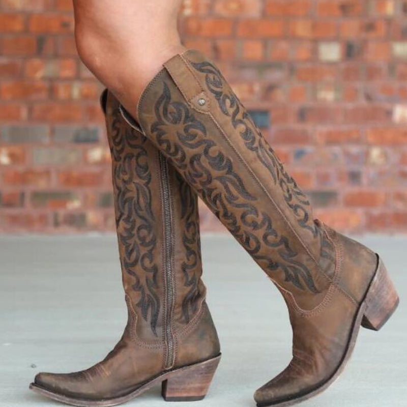 Beth Dutton Shoes Autumn and Winter Fashion Mid Heel Chunky Heel Embroidery Tall Knight Boots Women