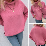 Women Pullover Knit Sweater Autumn Sweater Solid Color Polo Collar Split Sweater Women's Top