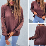 Women Pullover Knit Sweater Autumn and Winter Lace Splicing Knitwear Hollow out Sweater Women