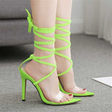 Hot Pink Heels Spring Fluorescent Color Cross Lace-up High-Heeled Sandals