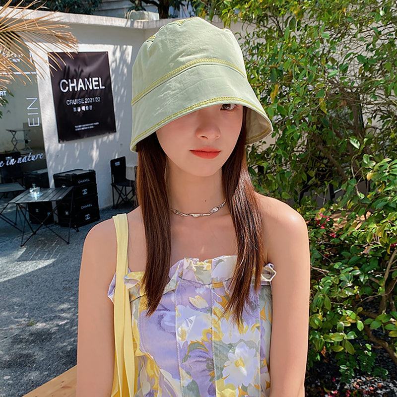 Women Bucket Hat Green Bucket Hat Sun-Proof Basin Hat Solid Color