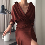 Maxi Burgundy Dress Formal Autumn Dress V-neck Long Sleeve Solid Color Dress
