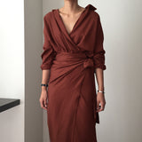 Maxi Burgundy Dress Formal Autumn Dress V-neck Long Sleeve Solid Color Dress
