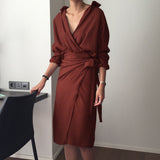 Maxi Burgundy Dress Formal Autumn Dress V-neck Long Sleeve Solid Color Dress