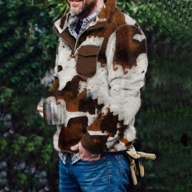 Mens Sweaters Man Fall Outfits Autumn and Winter Printed Loose Stand-up Collar Thick Sweater