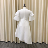 Taffeta Dress Ruffle Sleeve Solid Color Double Layer Dress Gown