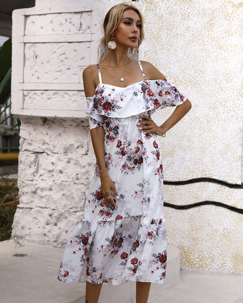 Nine Britton Dress Waist Trimming Printing off-the-Shoulder Sling
