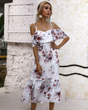 Nine Britton Dress Waist Trimming Printing off-the-Shoulder Sling