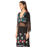 Beth Dutton Bohemian Dress Winter Autumn Maxi Dresses Embroidered V-neck See-through Tassel Maxi Dress