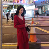 MIDI Mauve Cocktail Dress Autumn and Winter Slim-Fit Long-Sleeved Mid-Length Red Knitted Dress for Women