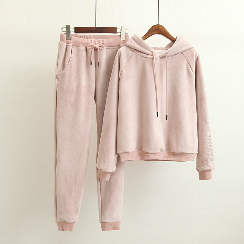 Velour Tracksuit Autumn and Winter Embroidery Letter Sleeves Hooded Sweater Trousers Velvet Suit Women