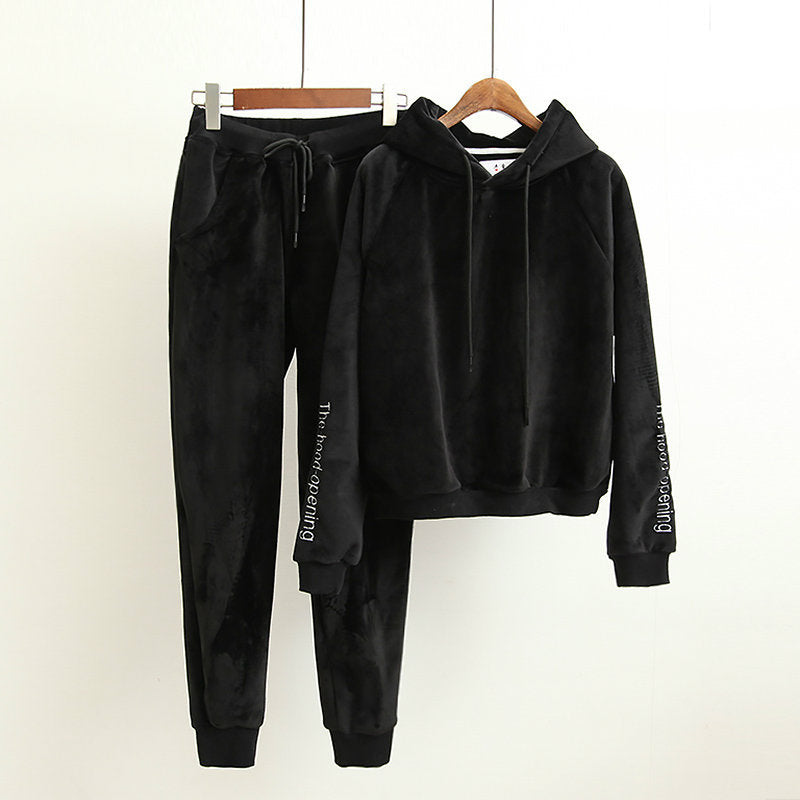 Velour Tracksuit Autumn and Winter Embroidery Letter Sleeves Hooded Sweater Trousers Velvet Suit Women