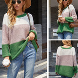 Women Pullover Knit Sweater Autumn And Winter Women 'S Striped Stitching Contrast Color Knitwear