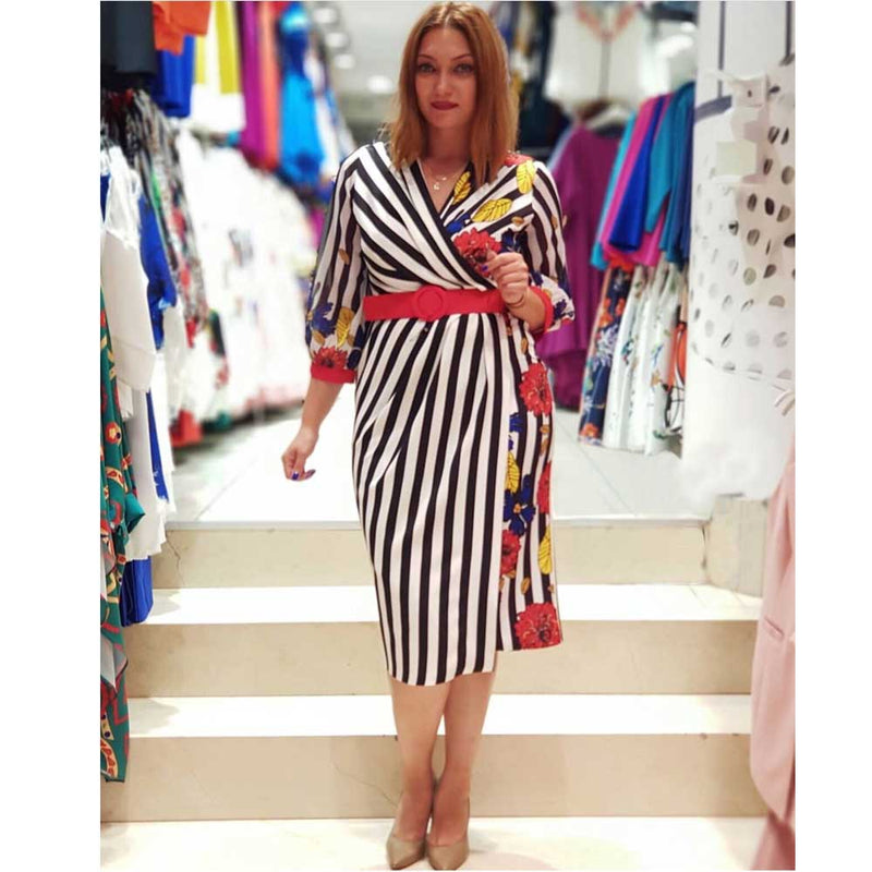 African Women's Wear Striped Multicolor Flower Print Dress African Dashiki Ankara Styles Dress