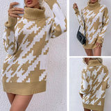 Women Pullover Knit Sweater Women's Autumn and Winter Contrast Color Lapel Mid-Length Sweater